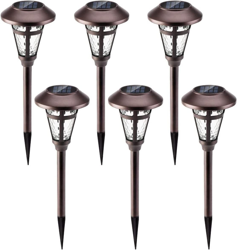 GIGALUMI 6 Pack Metal Solar Outdoor Lights, Bronze Finshed Landscape Path Lights, Glass Lamp, Waterproof Led Solar Pathway Lights for Lawn, Patio, Yard, Garden, Pathway, Walkway and Driveway