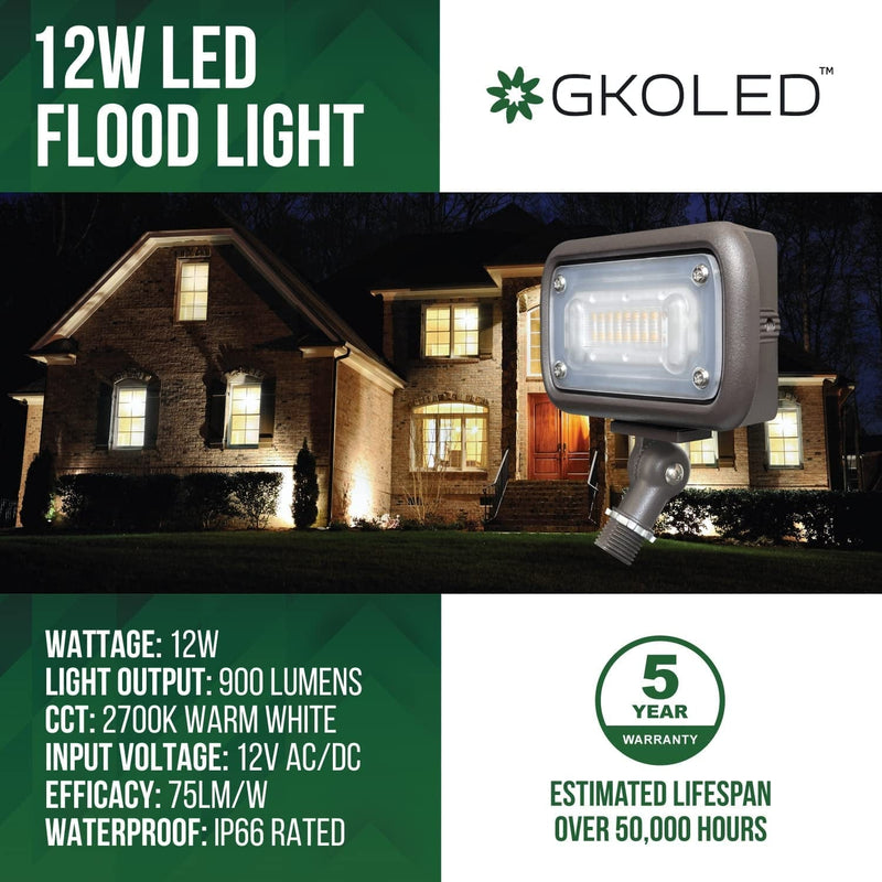 GKOLED 12W Outdoor Waterproof LED Garden Security Floodlight, 900Lumens, 80CRI, 2700K, 12V AC/DC, 1/2 Knuckle Mount, UV Resistant Home & Garden > Lighting > Flood & Spot Lights GKOLED   