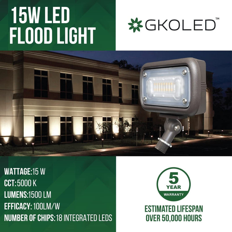 GKOLED 15W LED Floodlight, Outdoor Security Fixture, 1500 Lumens, 50W MH Equivalent, 5000K Daylight White, 120-277V, Ul-Listed, 5 Years Warranty (2 Pack)