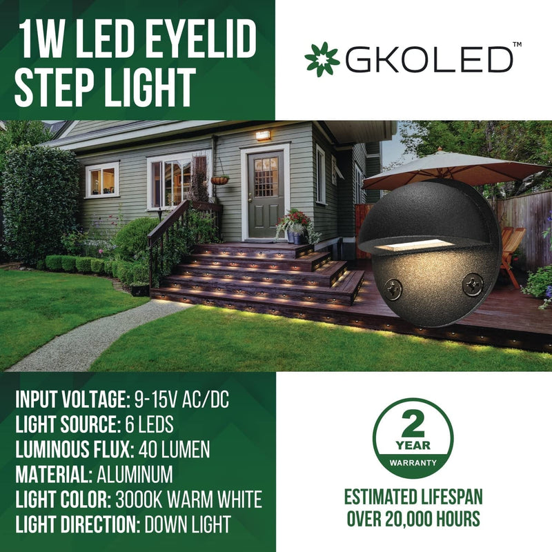GKOLED 16-Pack Low Voltage LED Deck Lights, Mini Size Eyelid Step Lights with 1W Integrated LED Chips, IP65+ Rated Waterproof for Outdoor, 3000K, Die-Cast Aluminum with Black Powder Coated Finish