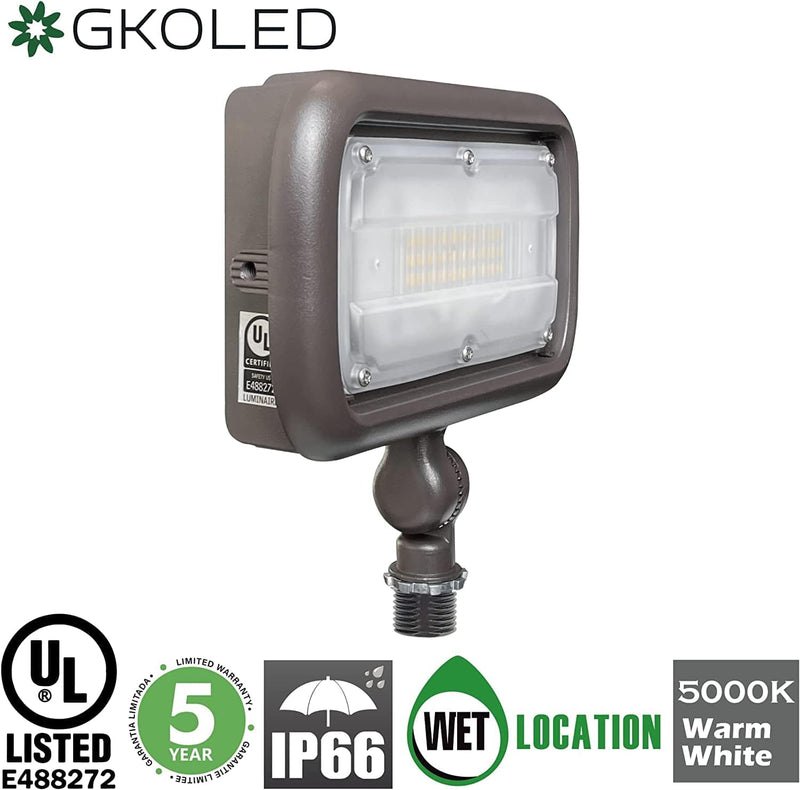 GKOLED 30W LED Floodlight, Outdoor Security Fixture, Waterproof, 100W PSMH Replace, 3000 Lumens, 5000K Daylight White, 70CRI, 1/2" Adjustable Knuckle Mount, Ul-Listed, 5 Years Warranty Home & Garden > Lighting > Flood & Spot Lights GKOLED   