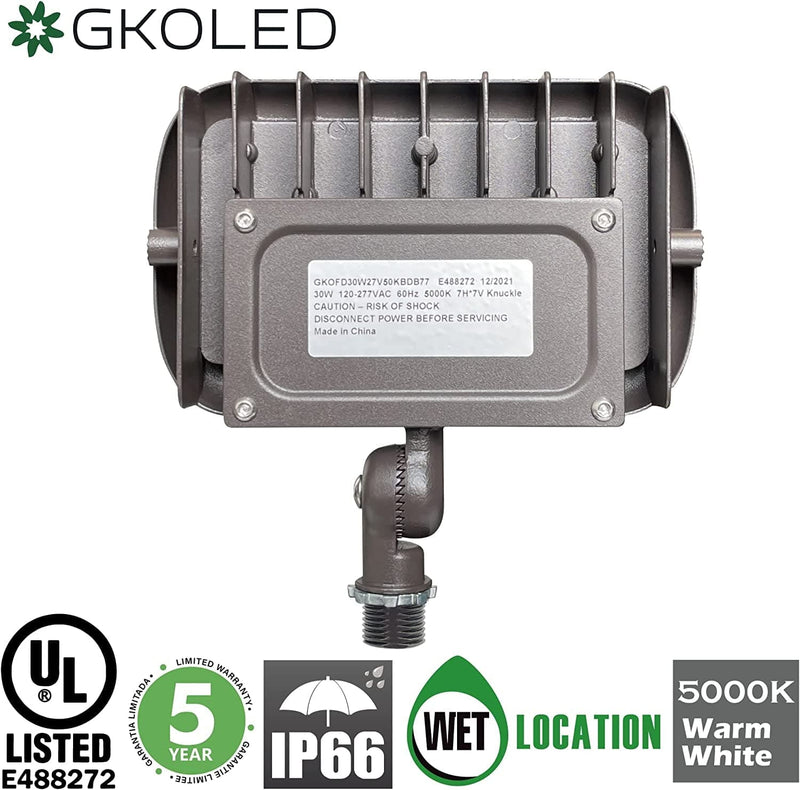 GKOLED 30W LED Floodlight, Outdoor Security Fixture, Waterproof, 100W PSMH Replace, 3000 Lumens, 5000K Daylight White, 70CRI, 1/2" Adjustable Knuckle Mount, Ul-Listed, 5 Years Warranty