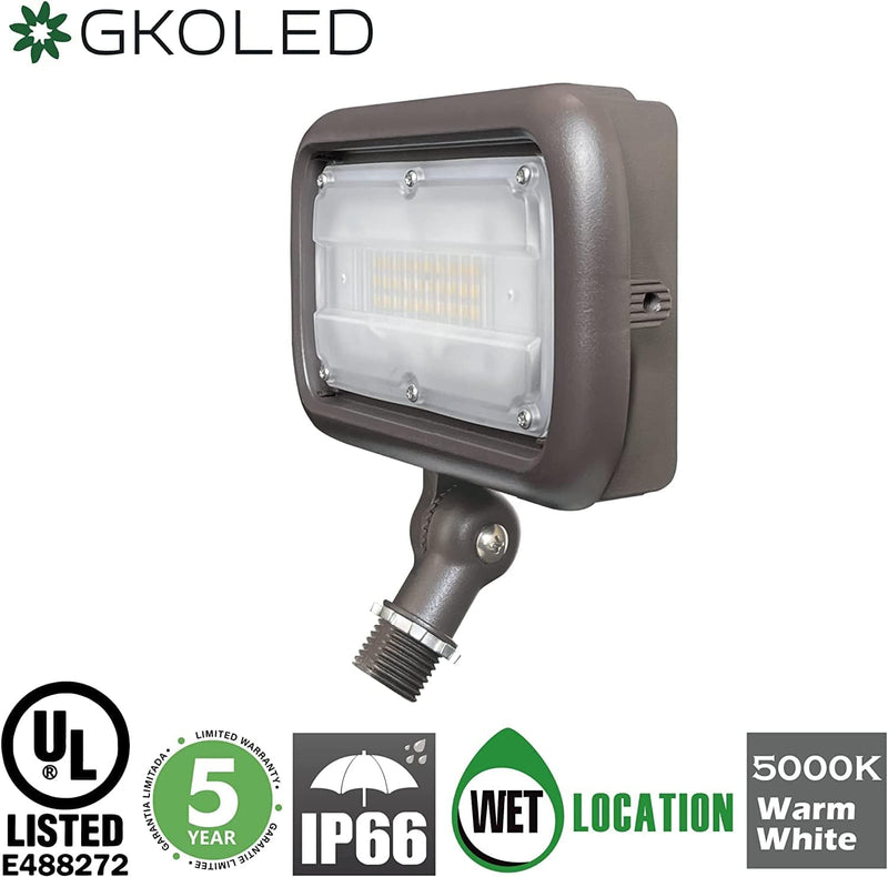 GKOLED 30W LED Floodlight, Outdoor Security Fixture, Waterproof, 100W PSMH Replace, 3000 Lumens, 5000K Daylight White, 70CRI, 1/2" Adjustable Knuckle Mount, Ul-Listed, 5 Years Warranty