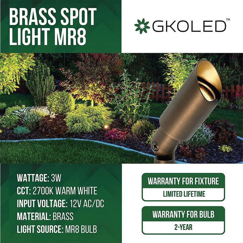 GKOLED Mini Size Brass Landscape Spotlight, Low Voltage 12V AC/DC Outdoor Directional up Light, 180 Lumens, 3W MR8 LED Bulb ABS Ground Stake Included, 2700K Warm White, Garden Patio Trees Spot Uplight Home & Garden > Lighting > Flood & Spot Lights GKOLED   