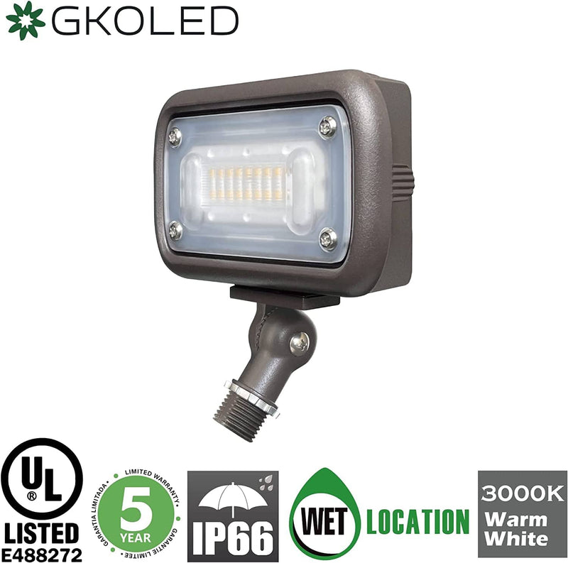 GKOLED Outdoor Security Floodlight, 15W Super Bright LED, 50W PSMH Equivalent, 1370 Lumens, 3000K Warm White, IP65 Waterproof, 120-277V, 1/2" Knuckle Mount, Ul-Listed