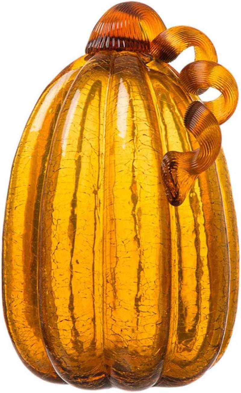 Glitzhome 9.06" Amber Hand Blown Crackle Glass Pumpkin for Fall Harvest Thanksgiving Halloween Decoration Home & Garden > Decor > Seasonal & Holiday Decorations Glitzhome   