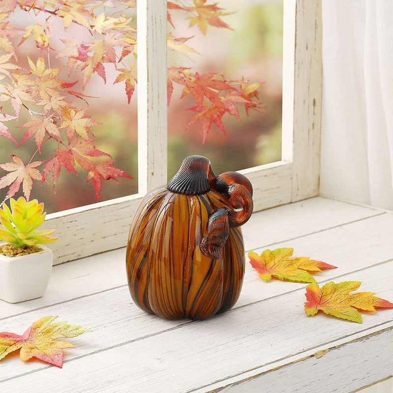 Glitzhome 9.06" Amber Hand Blown Crackle Glass Pumpkin for Fall Harvest Thanksgiving Halloween Decoration Home & Garden > Decor > Seasonal & Holiday Decorations Glitzhome 6 Inch  