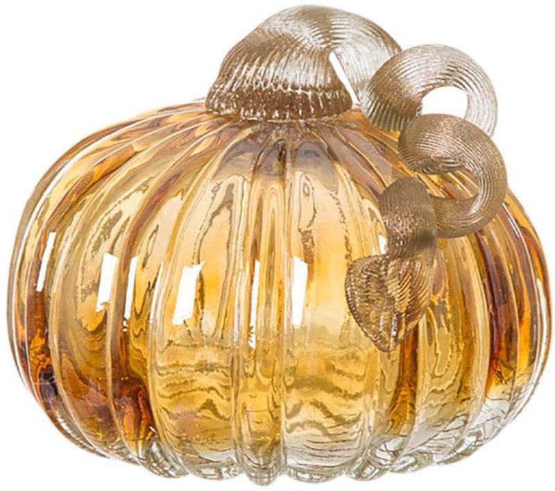 Glitzhome 9.06" Amber Hand Blown Crackle Glass Pumpkin for Fall Harvest Thanksgiving Halloween Decoration