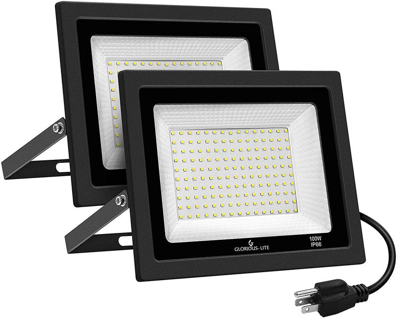 GLORIOUS-LITE 2 Pack 100W LED Flood Light Outdoor, 10000LM LED Work Light with Plug, 5000K Daylight White, IP66 Waterproof Outdoor Floodlights for Yard, Garden, Playground Home & Garden > Lighting > Flood & Spot Lights GLORIOUS-LITE 30.0  