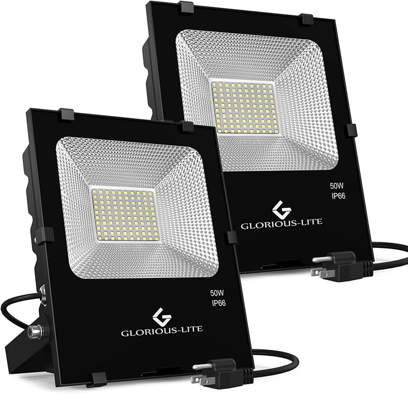 GLORIOUS-LITE 2 Pack 100W LED Flood Light Outdoor, 8000Lm LED Work Light with Plug, IP66 Waterproof Exterior Security Lights, 6500K Daylight White outside Floodlights for Playground Yard Stadium Lawn Home & Garden > Lighting > Flood & Spot Lights GLORIOUS-LITE 50.0 Watts  
