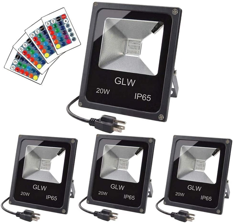 GLW RGB LED Flood Lights,50W Outdoor Super Bright Spotlight,High Power 16 Colors Remote Control Floodlight,4 Modes with US 3-Plug,Ip65 Waterproof Spotlight for Stage,Yard Home & Garden > Lighting > Flood & Spot Lights GLW 20w-4 Pack  