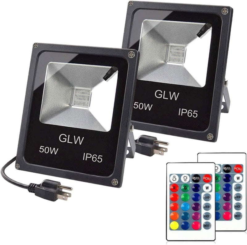 GLW RGB LED Flood Lights,50W Outdoor Super Bright Spotlight,High Power 16 Colors Remote Control Floodlight,4 Modes with US 3-Plug,Ip65 Waterproof Spotlight for Stage,Yard Home & Garden > Lighting > Flood & Spot Lights GLW 50W-2 Pack  