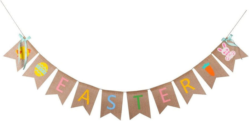GOER Natural Burlap Banner for Easter Decorations,Easter Eggs Bunny Carrot and Chick Pattern Bunting Banner Home & Garden > Decor > Seasonal & Holiday Decorations GOER Easter Banner  