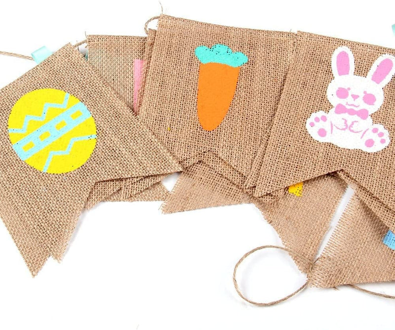GOER Natural Burlap Banner for Easter Decorations,Easter Eggs Bunny Carrot and Chick Pattern Bunting Banner Home & Garden > Decor > Seasonal & Holiday Decorations GOER   