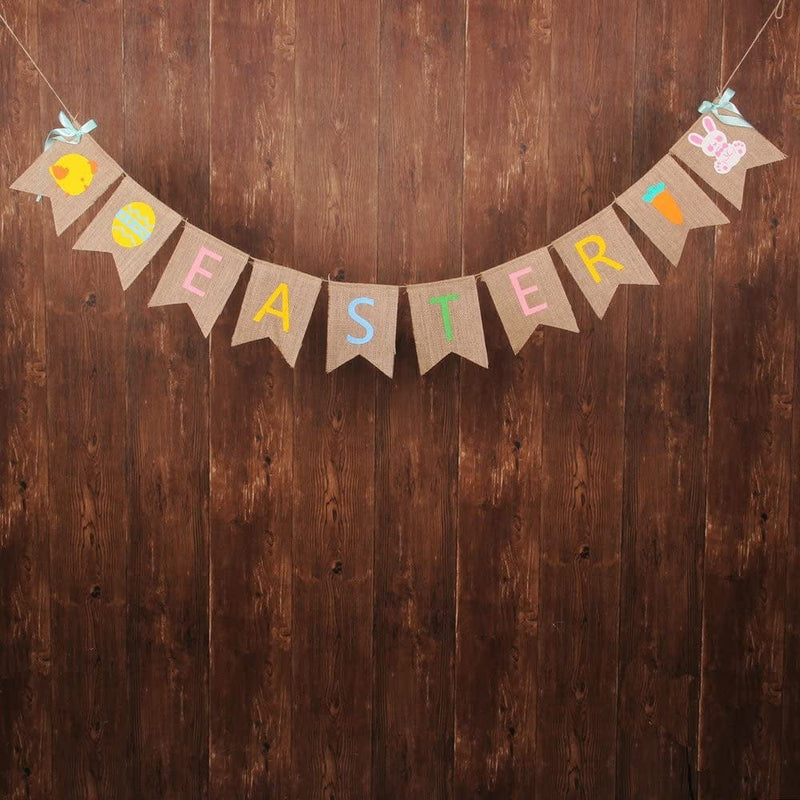 GOER Natural Burlap Banner for Easter Decorations,Easter Eggs Bunny Carrot and Chick Pattern Bunting Banner