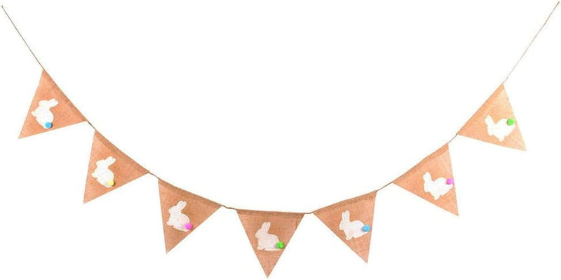 GOER Natural Burlap Banner for Easter Decorations,Easter Eggs Bunny Carrot and Chick Pattern Bunting Banner