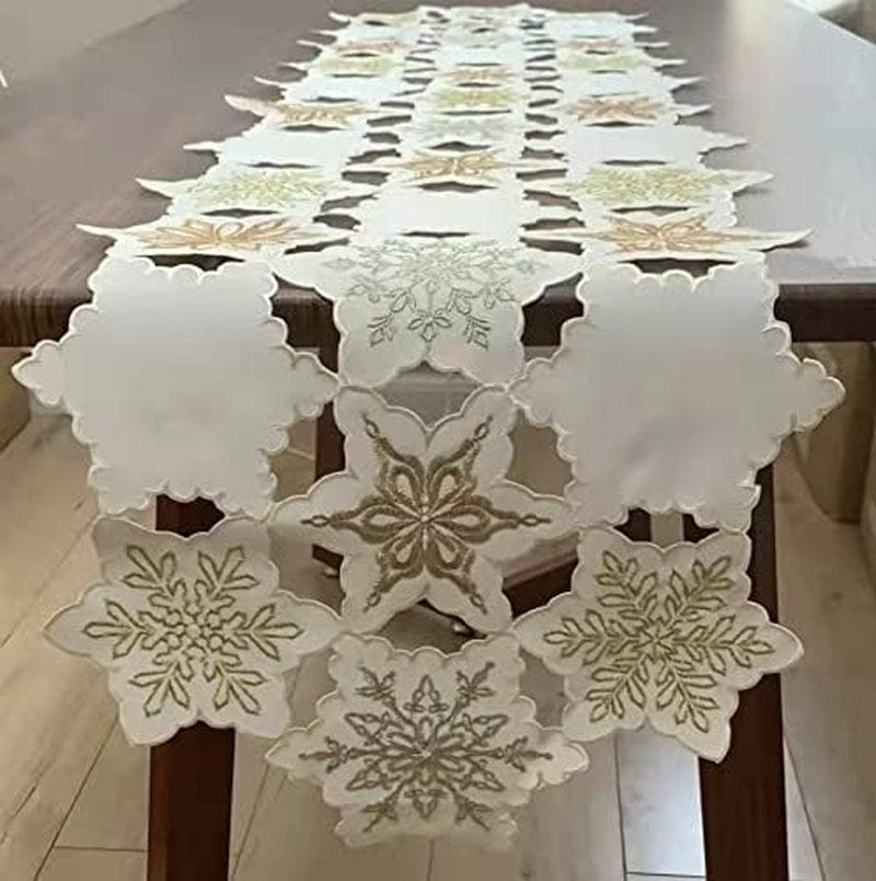 GRANDDECO Holiday Christmas Table Runner 13"X68" Cutwork Embroidered Snowflake Dresser Scarf Table Topper for Home Dining Xmas Table Top Decoration (Runner 13"X68", Snowflake)