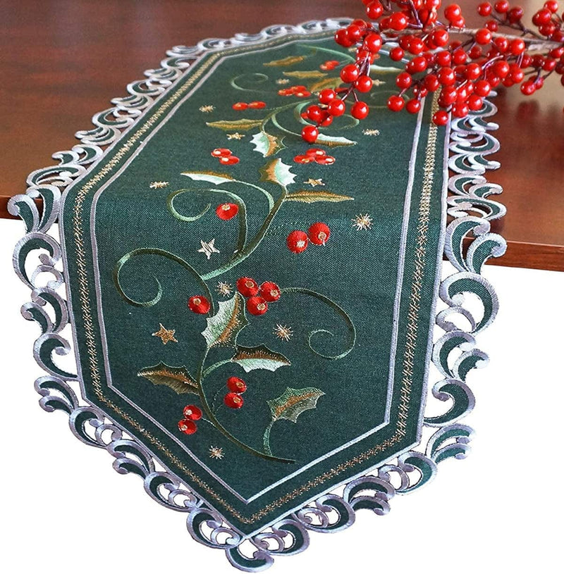 GRANDDECO Holiday Christmas Table Runner 13"X68" Cutwork Embroidered Snowflake Dresser Scarf Table Topper for Home Dining Xmas Table Top Decoration (Runner 13"X68", Snowflake) Home & Garden > Decor > Seasonal & Holiday Decorations GRANDDECO Dark Green-berry Runner 13"x36" 