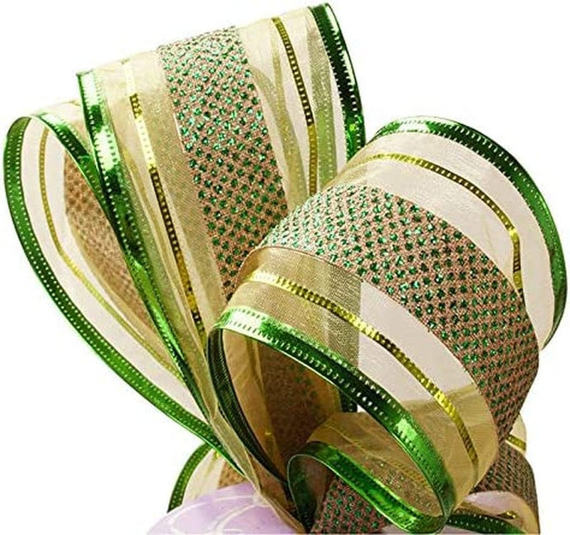 Green Striped Wired Christmas Ribbon - 2 1/2" X 10 Yards, St. Patrick'S Day, Easter, Spring, Christmas Tree Decor, Garland, Gifts, Wrapping, Wreath, Bows, Presents, Decorations Home & Garden > Decor > Seasonal & Holiday Decorations GiftWrap Etc.   