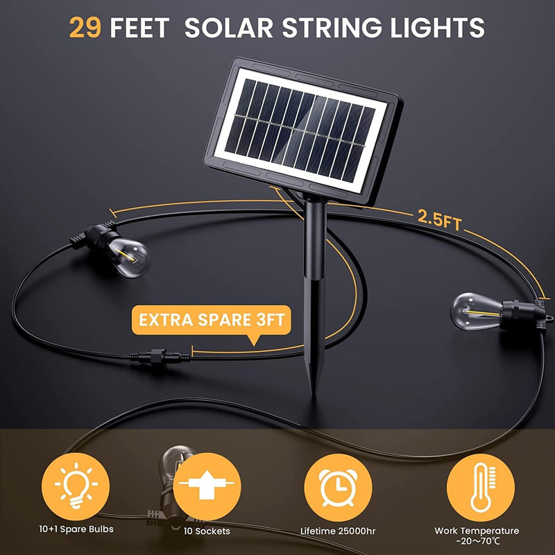 Guntsous 29FT Solar Outdoor Lights, IP65 Solar Lights Outdoor Waterproof, 4 Modes Dimmable Solar String Lights Outdoor Waterproof, Solar Powered Outdoor Lights for Patio, Compatible with USB Charging
