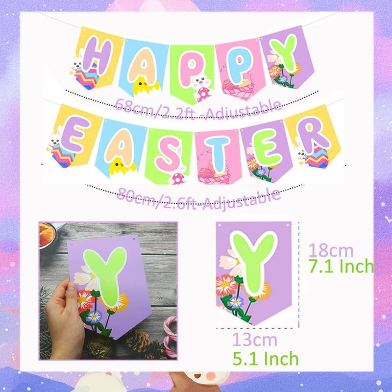 Happy Easter Banner Bunny Egg Flower Garland Spring Hanging Bunting Decorations Set for Mantle Fireplace Front Door Porch Wall Home Indoor Outdoor Happy Easter Party Supplies Photo Props Pastel Colors Home & Garden > Decor > Seasonal & Holiday Decorations Jasmeme   