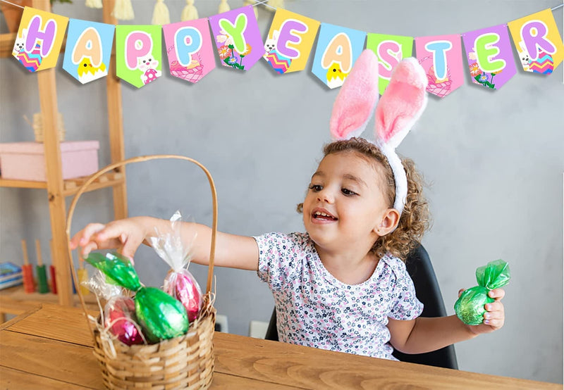 Happy Easter Banner Bunny Egg Flower Garland Spring Hanging Bunting Decorations Set for Mantle Fireplace Front Door Porch Wall Home Indoor Outdoor Happy Easter Party Supplies Photo Props Pastel Colors Home & Garden > Decor > Seasonal & Holiday Decorations Jasmeme   