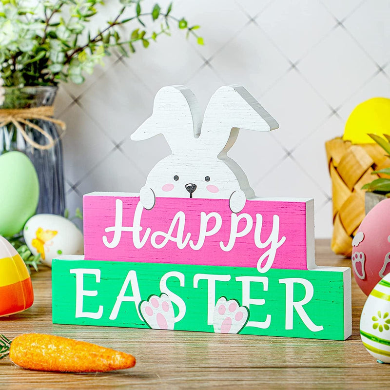 Happy Easter Bunny Table Sign Easter Wooden Block Table Sayings Easter Wooden Table Decor Rustic Farmhouse Bunny Holiday Decorations for Spring Easter Decor (Pink, Green) Home & Garden > Decor > Seasonal & Holiday Decorations Jetec   