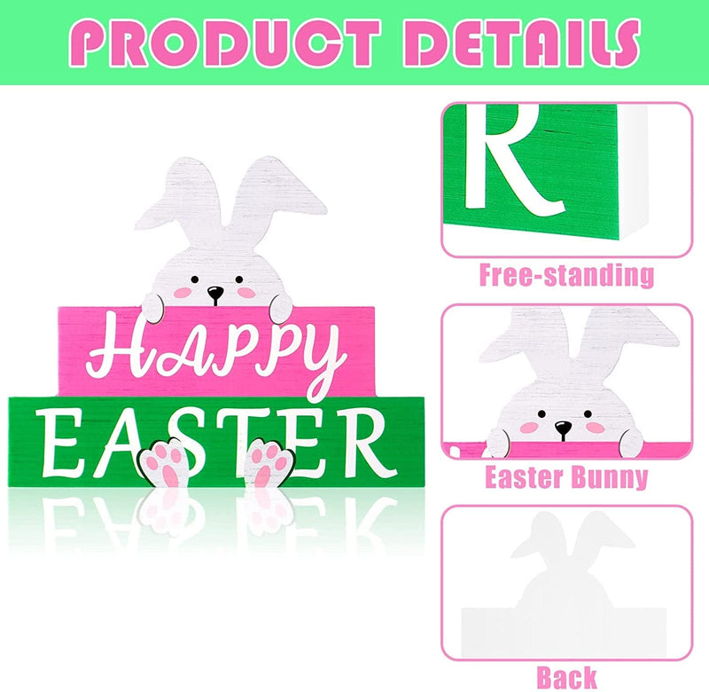 Happy Easter Bunny Table Sign Easter Wooden Block Table Sayings Easter Wooden Table Decor Rustic Farmhouse Bunny Holiday Decorations for Spring Easter Decor (Pink, Green)