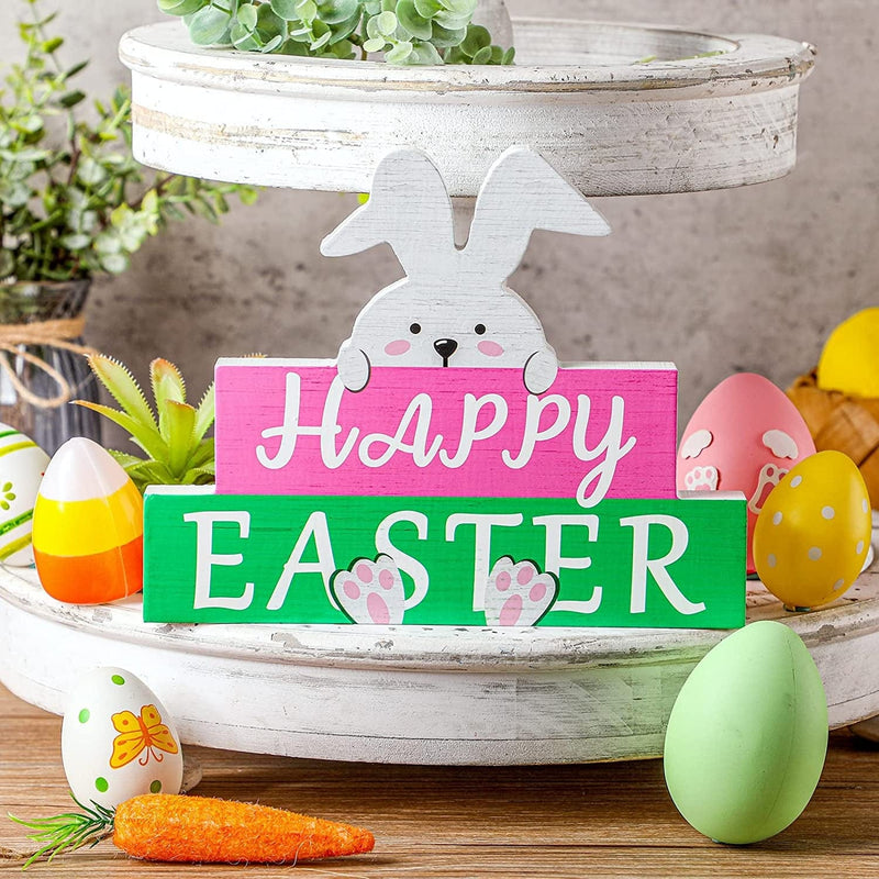 Happy Easter Bunny Table Sign Easter Wooden Block Table Sayings Easter Wooden Table Decor Rustic Farmhouse Bunny Holiday Decorations for Spring Easter Decor (Pink, Green) Home & Garden > Decor > Seasonal & Holiday Decorations Jetec   