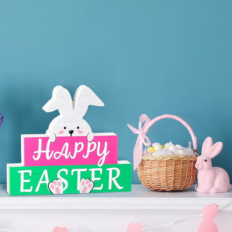 Happy Easter Bunny Table Sign Easter Wooden Block Table Sayings Easter Wooden Table Decor Rustic Farmhouse Bunny Holiday Decorations for Spring Easter Decor (Pink, Green)