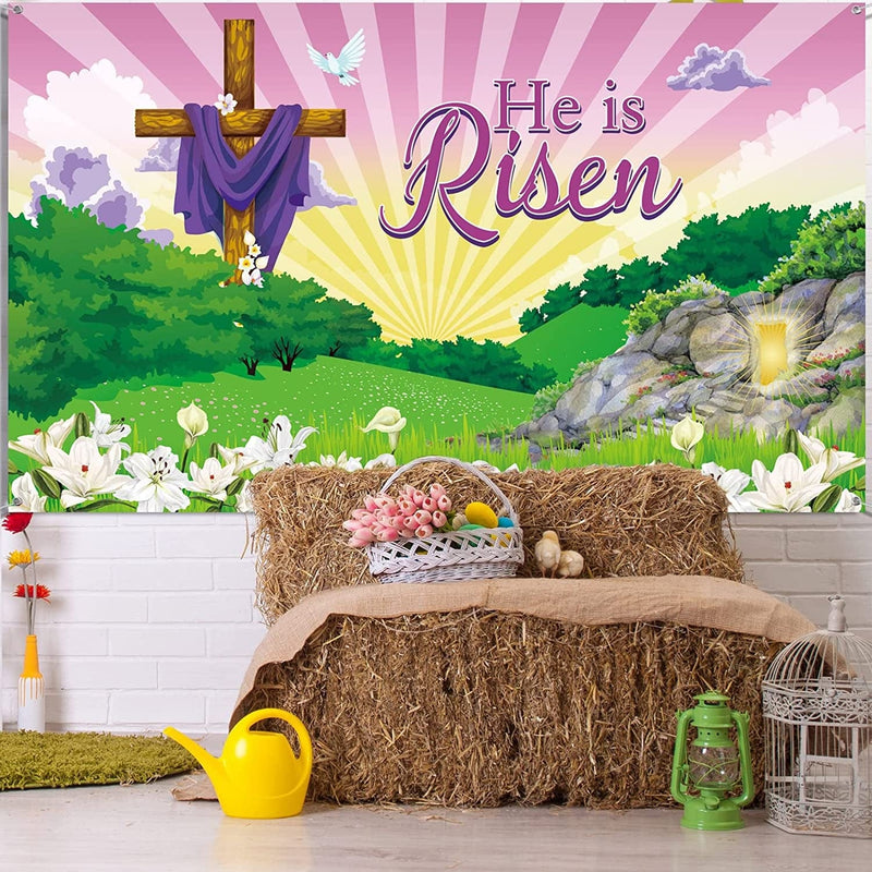 Happy Easter Day Decorations He Is Risen Backdrop Photography Banner, Large Fabric Easter Cross Religious Backdrop Background for Jesus Easter Spring Party Decorations, 72.8 X 43.3 Inch Home & Garden > Decor > Seasonal & Holiday Decorations Tatuo   