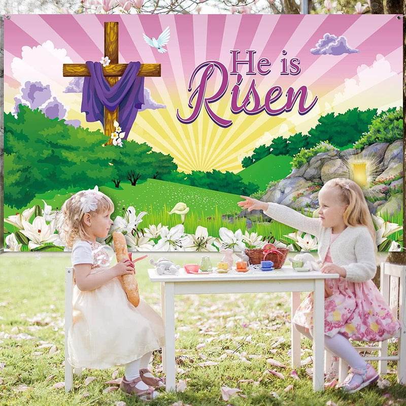 Happy Easter Day Decorations He Is Risen Backdrop Photography Banner, Large Fabric Easter Cross Religious Backdrop Background for Jesus Easter Spring Party Decorations, 72.8 X 43.3 Inch
