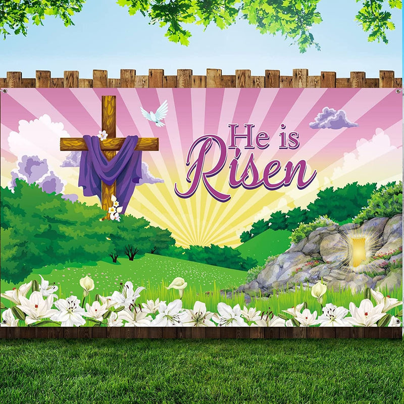 Happy Easter Day Decorations He Is Risen Backdrop Photography Banner, Large Fabric Easter Cross Religious Backdrop Background for Jesus Easter Spring Party Decorations, 72.8 X 43.3 Inch Home & Garden > Decor > Seasonal & Holiday Decorations Tatuo   