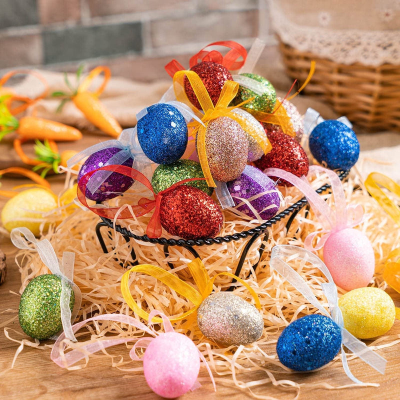 Happy Easter Hanging Eggs for Tree, 24Pcs Colorful Foam Eggs Shiny Easter Hanging Ornament in 8 Colors for Easter Party Home Spring Tree Decoration Home & Garden > Decor > Seasonal & Holiday Decorations ZHBDMGK   