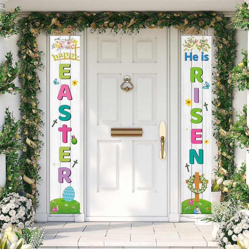 Happy Easter Porch Sign He Is Risen Party Banner Welcome Easter Courtyard Holiday Decoration Indoor Outdoor Front Door Spring Floral Hanging Flag Home & Garden > Decor > Seasonal & Holiday Decorations Wiooffen   