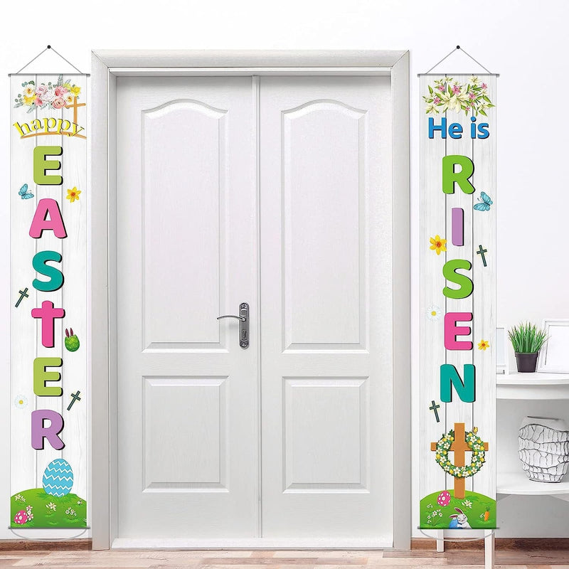 Happy Easter Porch Sign He Is Risen Party Banner Welcome Easter Courtyard Holiday Decoration Indoor Outdoor Front Door Spring Floral Hanging Flag Home & Garden > Decor > Seasonal & Holiday Decorations Wiooffen   