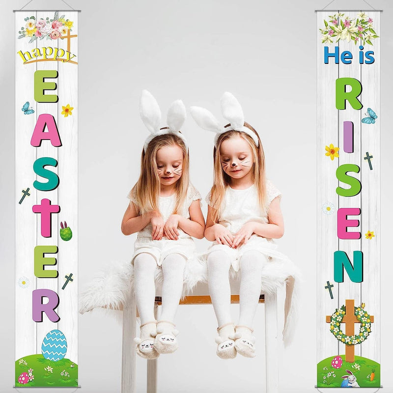 Happy Easter Porch Sign He Is Risen Party Banner Welcome Easter Courtyard Holiday Decoration Indoor Outdoor Front Door Spring Floral Hanging Flag