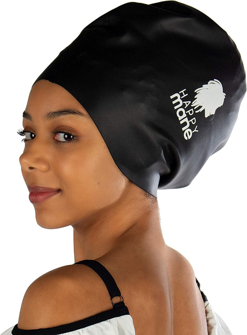 Happy Mane Large Extra Large XL Silicone Swim Cap for Braids and Dreadlocks - Dry Hair While Swimming and Long Hair, Extensions, and Curly Hair - Shower Cap for Women, Men, Kids Sporting Goods > Outdoor Recreation > Boating & Water Sports > Swimming > Swim Caps Akuma mAa Grace Black X-Large (Pack of 1) 