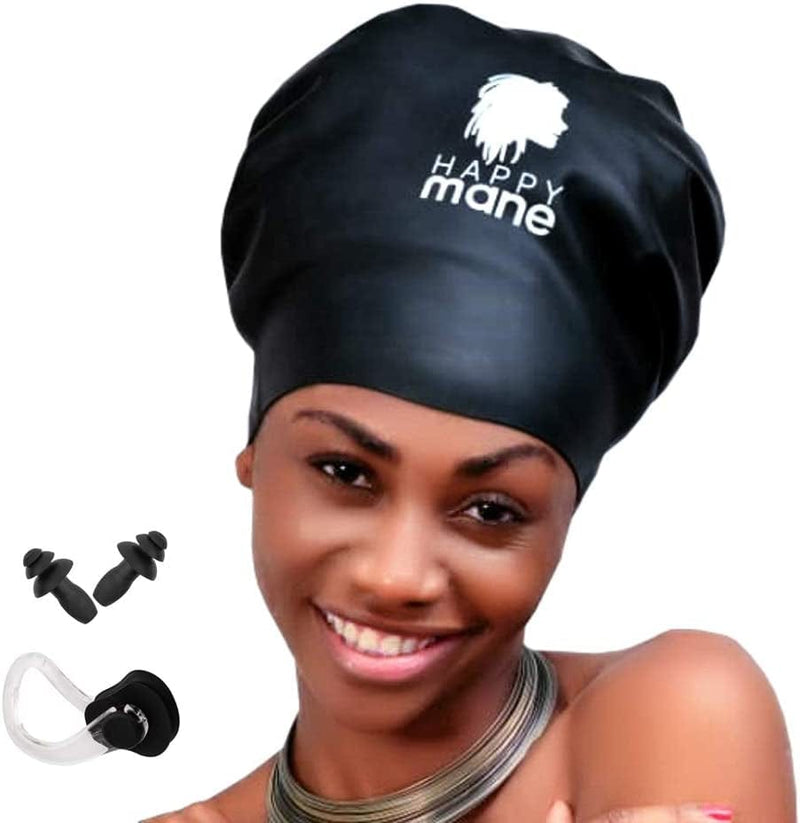 Happy Mane Silicone Swim Cap for Braids and Dreadlocks - Keeps Your Hair Dry While Swimming and Bathing Long Hair, Extensions, and Curly Hair - Large Shower Cap for Women, Teenager, Kids Sporting Goods > Outdoor Recreation > Boating & Water Sports > Swimming > Swim Caps Happy Mane Black Medium 