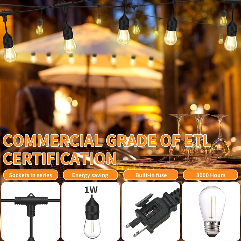 Hassoft Outdoor String Lights - 48 Ft, Outdoor Lights - 28 1W LED Bulbs (3 Spares), Patio Lights - Material Upgrade, Certified as Commercial Outdoor Lighting Products by ETL