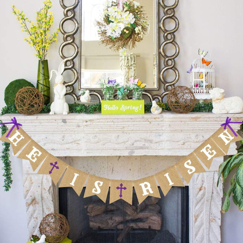 HE Is Risen Banner Burlap - Easter Banner - Easter Decorations - Religious Holiday Resurrection Bunting - Church Mantel Outdoor Hanging Decor Home & Garden > Decor > Seasonal & Holiday Decorations Partyprops   