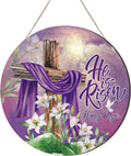 He Is Risen Door Sign Easter Religious Cross Sign Easter Wooden Hanging Decorations Christian Lily Flowers Easter Decor Wooden Jesus Hanger for Farmhouse Front Door Porch Wall Decor (Cross)