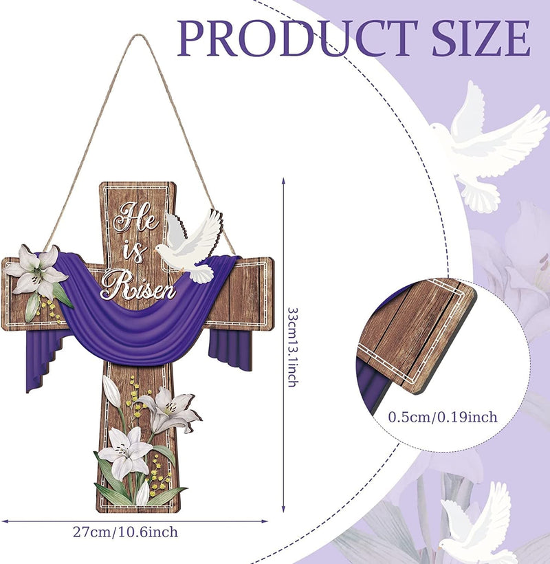 He Is Risen Door Sign Easter Religious Cross Sign Easter Wooden Hanging Decorations Christian Lily Flowers Easter Decor Wooden Jesus Hanger for Farmhouse Front Door Porch Wall Decor (Cross) Home & Garden > Decor > Seasonal & Holiday Decorations BBTO   
