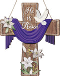 He Is Risen Door Sign Easter Religious Cross Sign Easter Wooden Hanging Decorations Christian Lily Flowers Easter Decor Wooden Jesus Hanger for Farmhouse Front Door Porch Wall Decor (Cross)