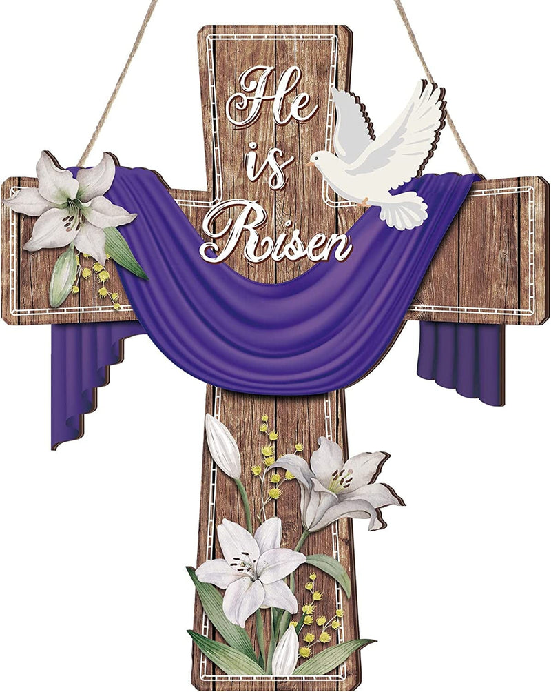 He Is Risen Door Sign Easter Religious Cross Sign Easter Wooden Hanging Decorations Christian Lily Flowers Easter Decor Wooden Jesus Hanger for Farmhouse Front Door Porch Wall Decor (Cross) Home & Garden > Decor > Seasonal & Holiday Decorations BBTO Cross  