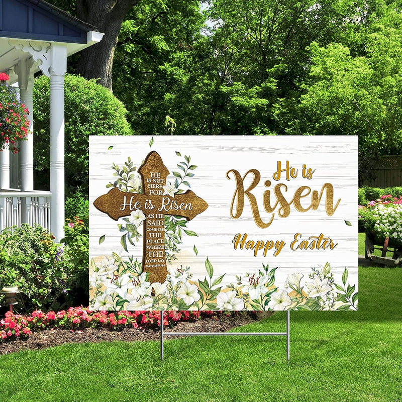 He Is Risen Easter Yard Sign Outdoor Decorations Happy Easter Yard Stakes Religious Easter Yard Decoration Easter Cross Sign Eucalyptus Lily Spring Yard Sign for Christian Holiday Garden Lawn Decor Home & Garden > Decor > Seasonal & Holiday Decorations Qunclay   