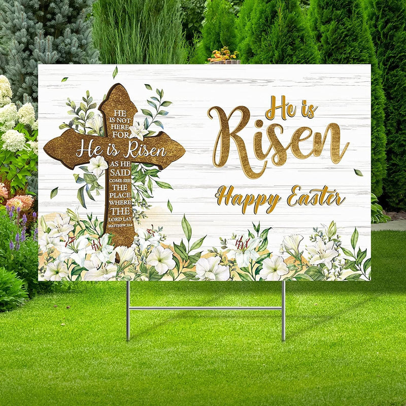 He Is Risen Easter Yard Sign Outdoor Decorations Happy Easter Yard Stakes Religious Easter Yard Decoration Easter Cross Sign Eucalyptus Lily Spring Yard Sign for Christian Holiday Garden Lawn Decor Home & Garden > Decor > Seasonal & Holiday Decorations Qunclay   