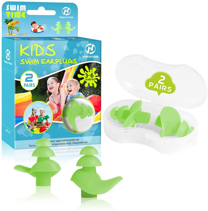 Hearprotek 2 Pairs Ear Plugs for Swimming Kids, Soft Silicone Reusable Kids Swim Earplugs for Bathing and Other Water Sports (Free Temporary Tattoos Included) (Green)