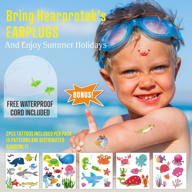 Hearprotek 2 Pairs Ear Plugs for Swimming Kids, Soft Silicone Reusable Kids Swim Earplugs for Bathing and Other Water Sports (Free Temporary Tattoos Included) (Green)