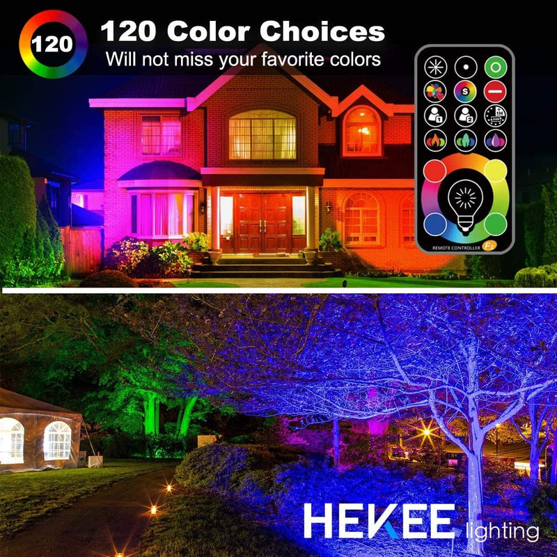 HEKEE LED Flood Light Outdoor, 400W Equivalent RGB Color Changing Floodlight, DIY Strobe Mode, 120 Colors Uplight, Timing, 4000 Lumens, RGBW 2700K Warm White, IP66 Waterproof Spotlight (2 Pack)